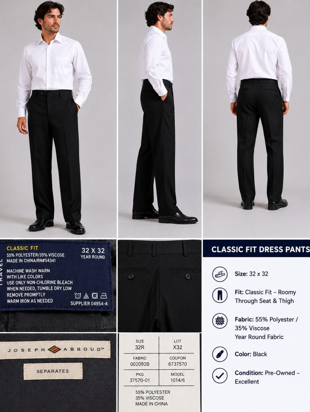 🍋Stafford Men’s 32x32 Black Dress Travel Trousers – Wrinkle Resistant
